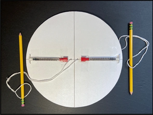 CentREUSE centrifuge made from cardboard, two syringes, two pencils and string