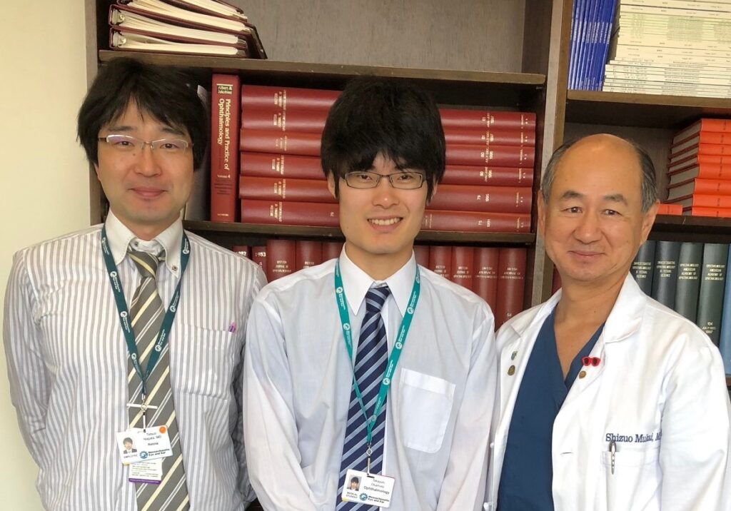 From left to right ophthalmology research fellow Tatsuo Nagata, MD, medical student Takayuki Okamoto and Shizuo Mukai, MD, pose for a picture.