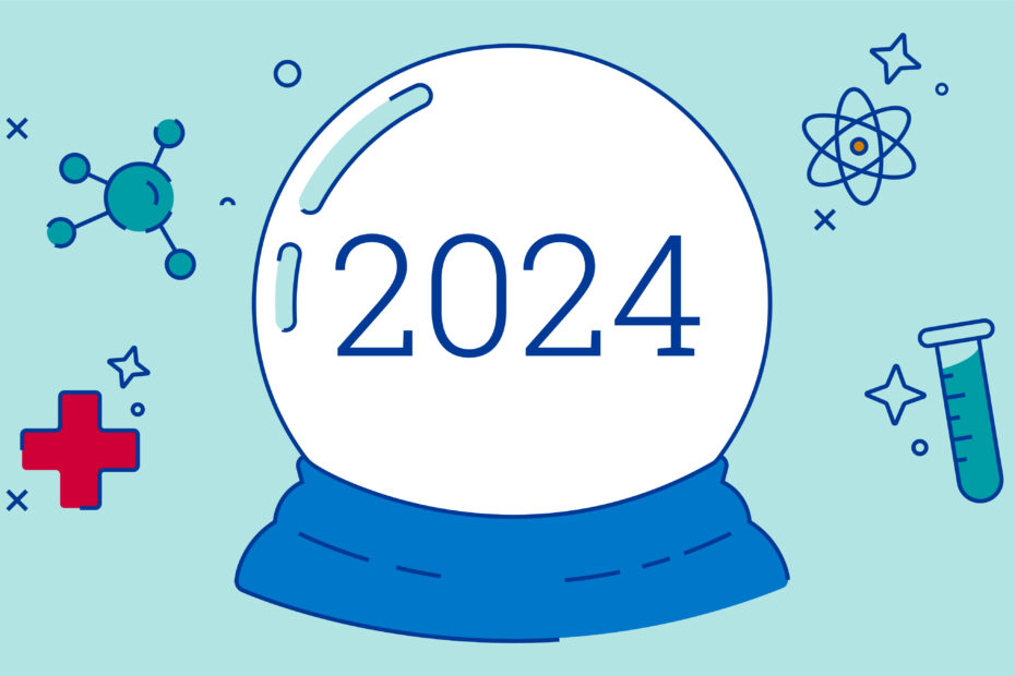 A crystal ball that says 2024 is surrounded by icons of science and medicine.