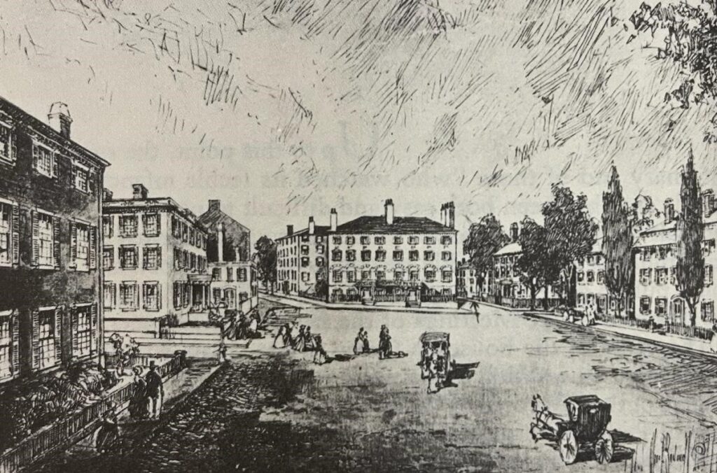 A drawing of Bowdoin Square in the 1830’s. The Gore Mansion on Green Street is the third structure up on the right.