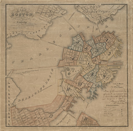 A historical map of Boston in 1826, taken from an old book.
