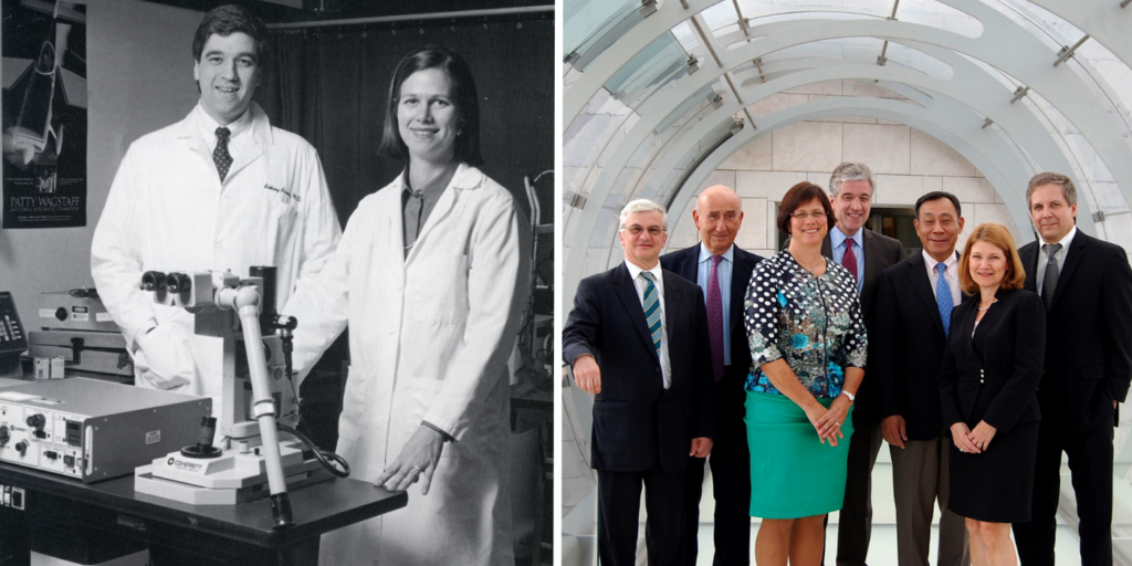 Drs. Joan W. Miller and Anthony Adamis in the laboratory at Mass Eye and Ear (left), and winners of the 2014 Antonio Champalimaud Award Vision Award for the development of anti-VEGF drugs (right).