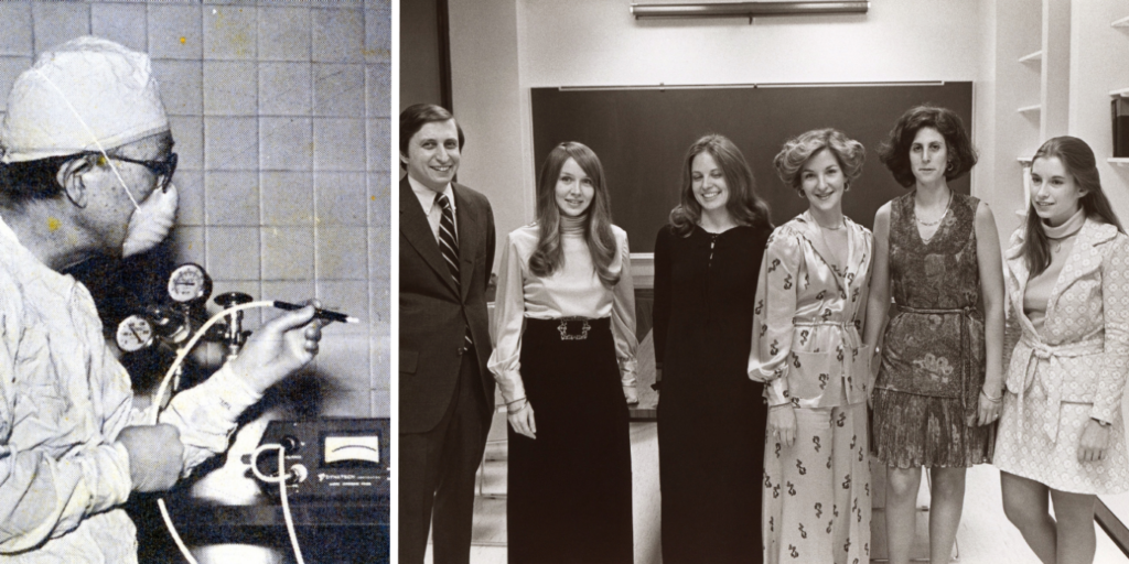 Ichiro Okamura, MD, using a cold probe at Schepens Eye Research Institute in the 1960s (left), Eliot L. Berson, MD, with laboratory members at the Berman-Gund Laboratory dedication in 1974 (right).