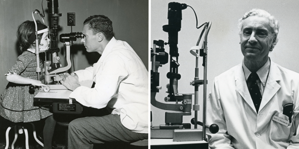 Dr. Claes Dohlman examining a pediatric patient in the 1950s (left) and in an undated photo in the cornea clinic (right).