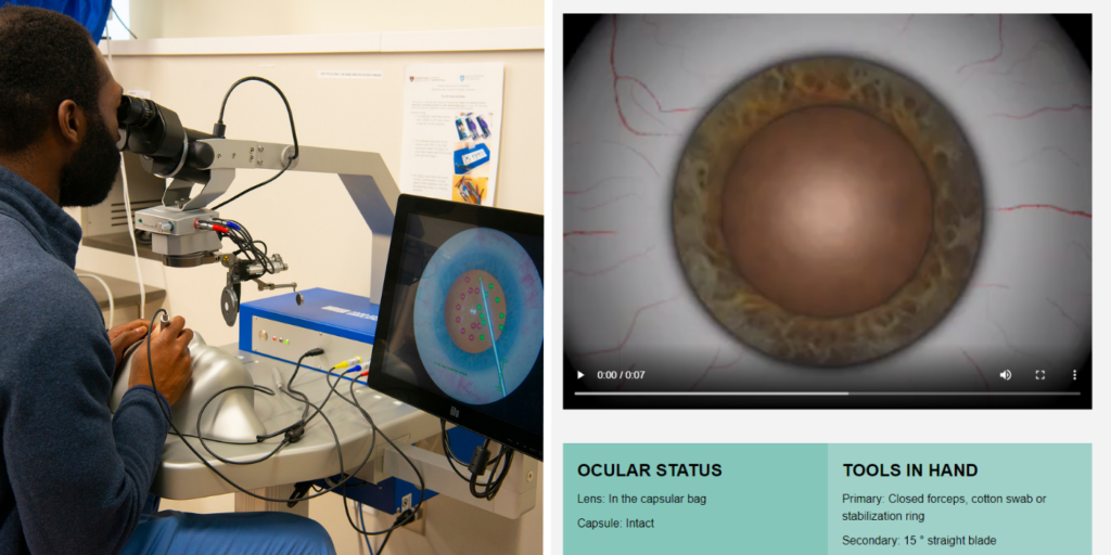 Ophthalmology Resident Dennis Akrobetu, MD, testing out the upgraded EYESI Surgical Simulator tool in the Samuel and Nancy Jo Altschuler Ophthalmology Surgical Training Laboratory (left), and a view of the digital Cataract Master surgical training tool (right).