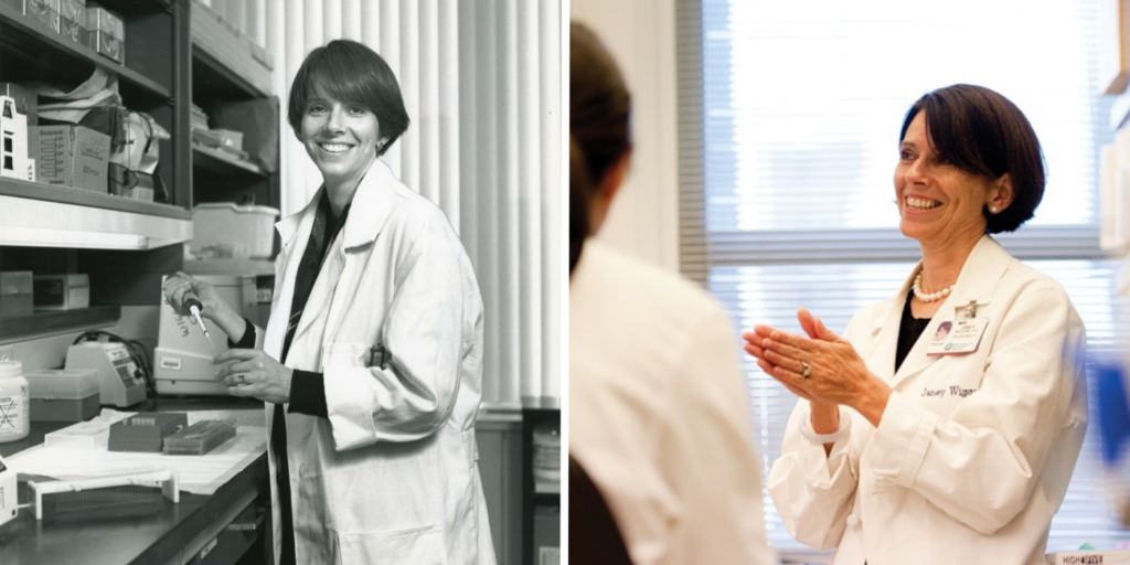 Dr. Janey Wiggs working in the laboratory in 1993 (left) and in the laboratory in 2015. (right).
