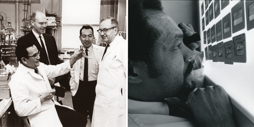 Howe Laboratory researchers Jin Kinoshita, PhD; W. Morton Grant, MD; Toichiro Kuwabara, MD, PhD; and David G. Cogan, MD, in 1969 (left), and Thomas Richardson, MD, a glaucoma specialist and Howe Laboratory researcher, viewing slides in 1980 (right).