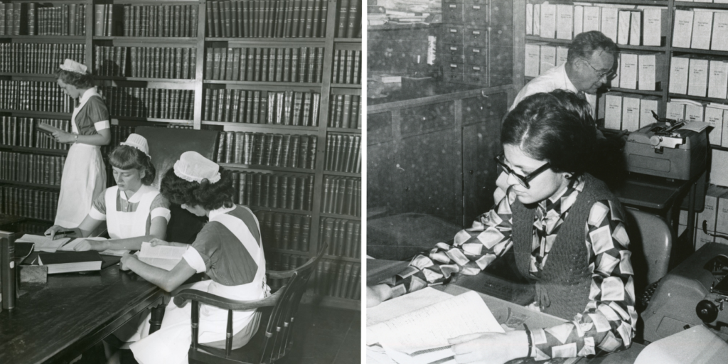 Nurses conducting research in the Howe Library in the 1950s (left) and long-time Mass Eye and Ear librarian Charles Snyder
 working in the Howe Library with colleague Susan Flanders in 1970 (right).