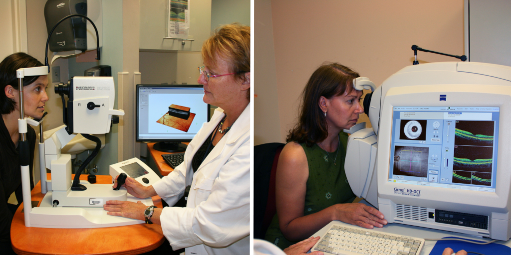Two early OCT machines in use at Mass Eye and Ear in 2008, the Heidelberg Engineering SPECTRALIS (left) and the ZEISS CIRRUS OCT (right).