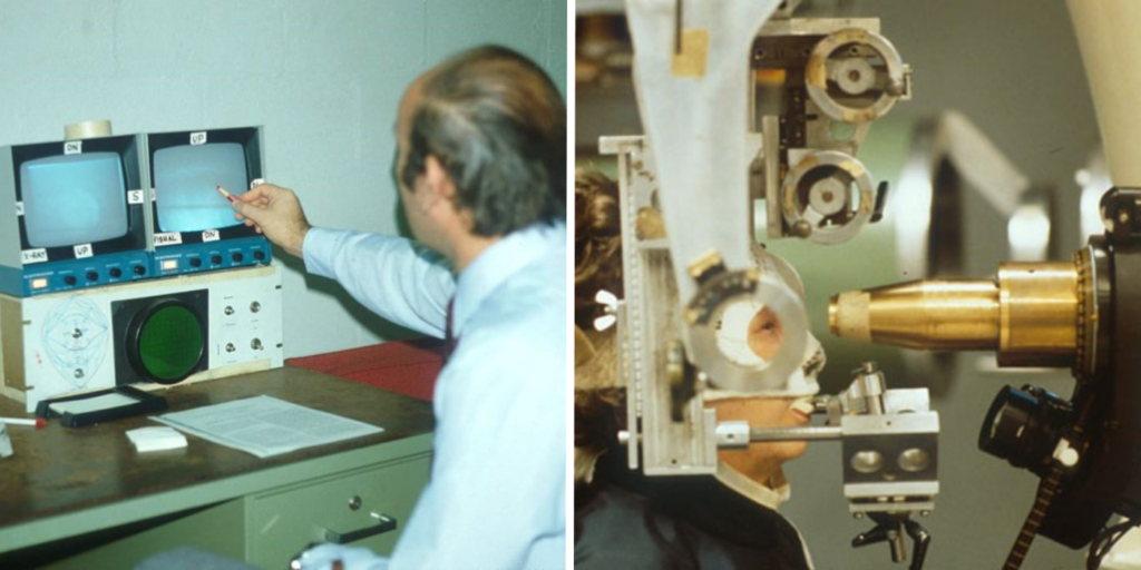 Dr. Evangelos Gragoudas monitoring a patient’s eye position during radiation treatment at the Harvard Cyclotron (left), and a patient seated in front of the proton beam collimator awaiting treatment (right).