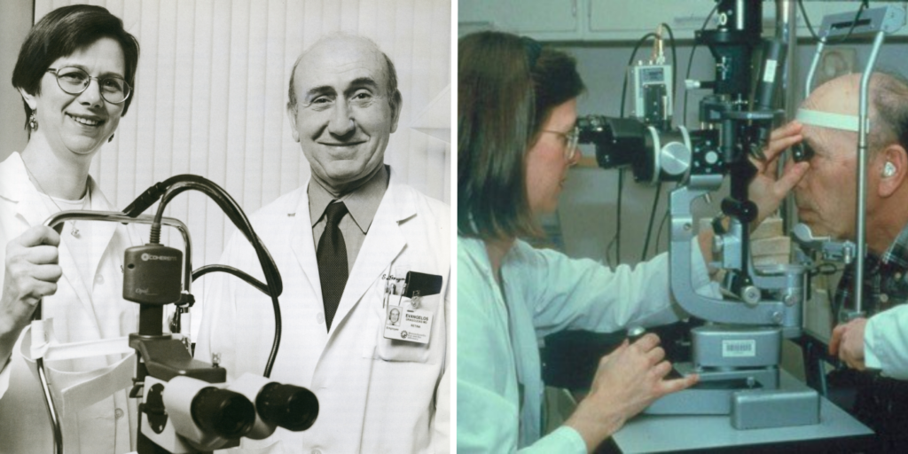 Drs. Joan W. Miller and Evangelos Gragoudas in 1999 with the PDT laser used in clinical trials (left), and Dr. Miller treating a patient with verteporfin PDT (right).
