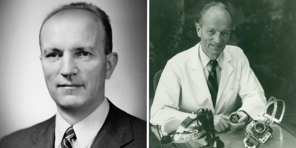 Dr. Charles Schepens pictured in the late 1940s (left) and with the binocular ophthalmoscope he developed in 1945 (right).