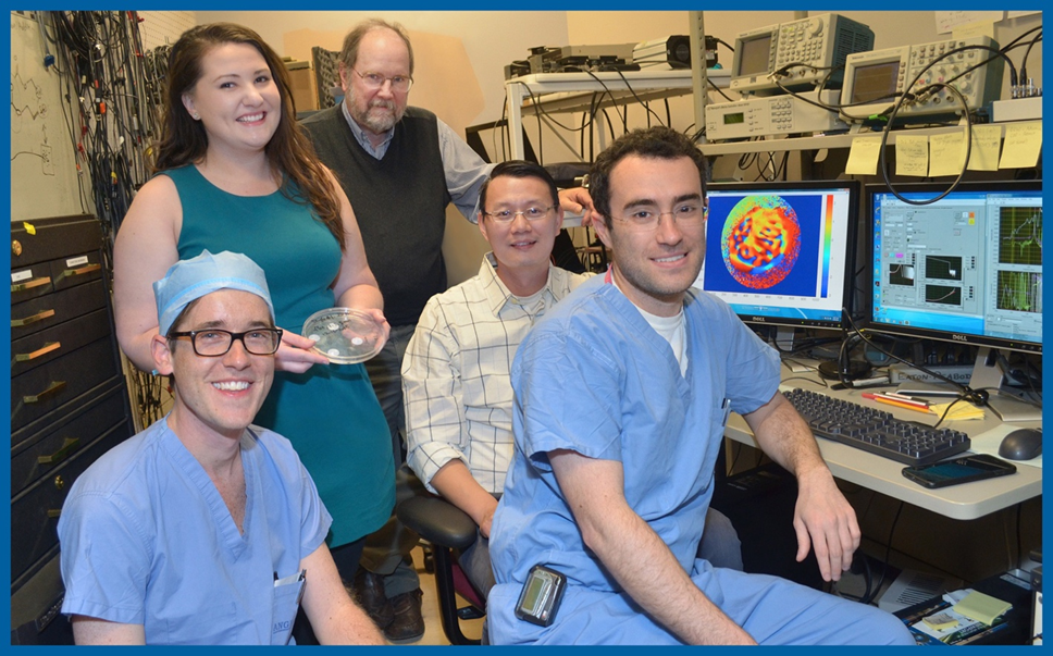 PhonoGraft research team photographed in their lab from left to right: Dr. Aaron Remenschneider, Nicole Black, Dr. John Rosowski, Dr. Jeffrey Tao Cheng and Dr. Elliott Kozin.