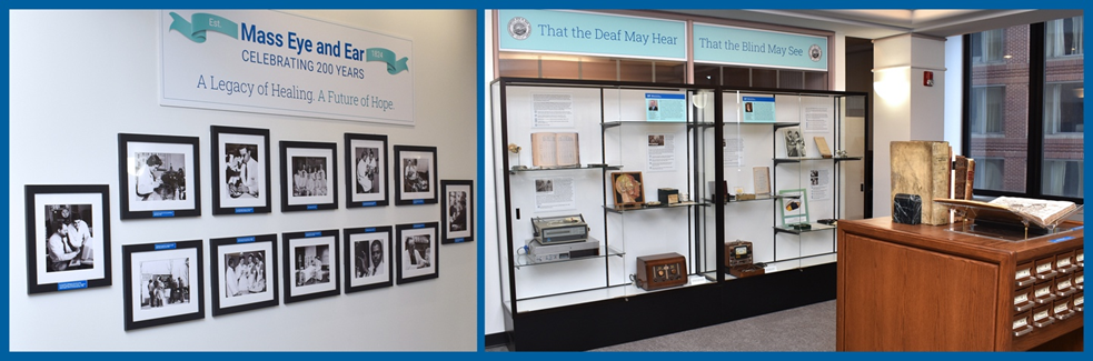 The Mass Eye and Ear Archives Gallery celebrating the 200th anniversary of Mass Eye and Ear. Side by side photos of framed photos (left) and antique tools and devices (right) on display shelfs.