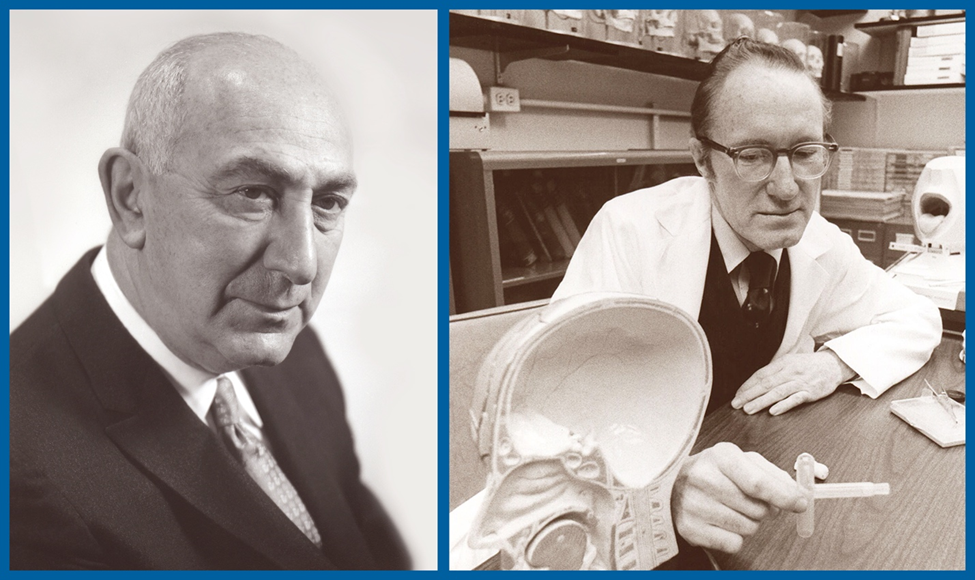 Dr. Philip Meltzer, (left) in black and white headshot photo. Dr. William Montgomery invented the T-tube in the 1970s which he is holding in this black and white phoot.
