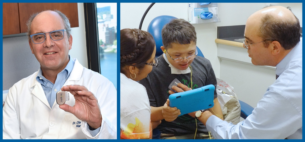 Side-by-side photo of Dr. Christopher Hartnick (left) holding the hypoglossal nerve stimulator implant, then seen in his clinic with to child with Down syndrome (right) who suffers from sleep apnea.