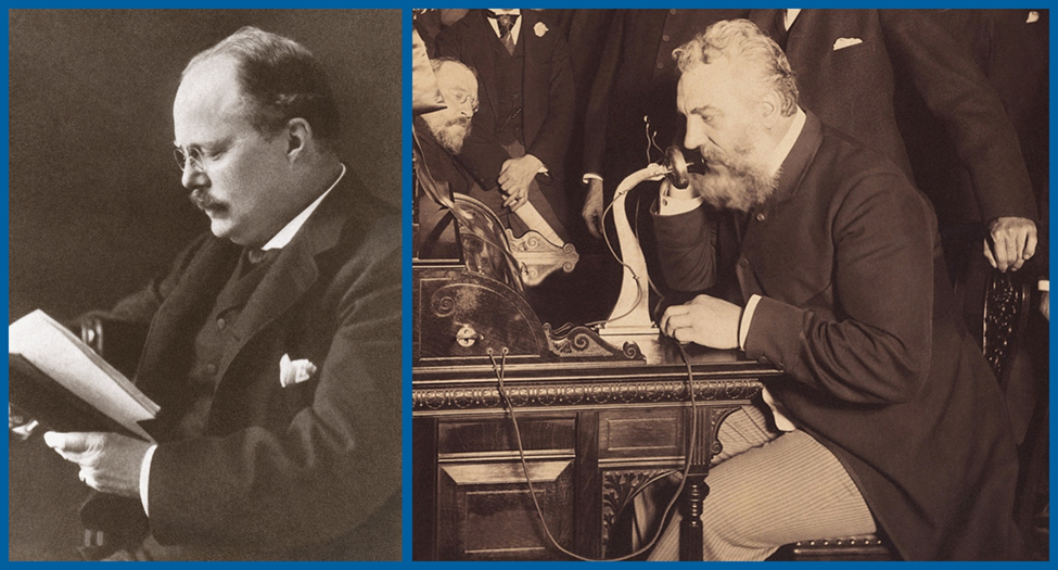 Side by side black and white historical photos of Alexander Graham Bell (right) reading a book and Clarence Blake (left) using a telephone.