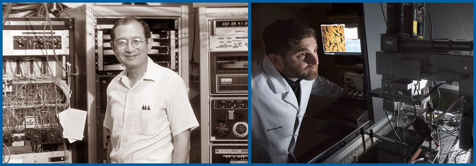 Side by side photos of Dr. Nelson Yuan-sheng Kiang (left) in a black and white photo from the 1970s in front of a large computer, and Dr. Daniel Polley in a recent photo examining equipment (right) in his laboratory. 