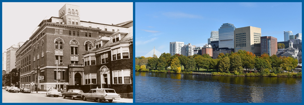 Side by side photos of Mass Eye and Ear building at 243 Charles Street in Boston, circa 1960 (left) and present day (right).