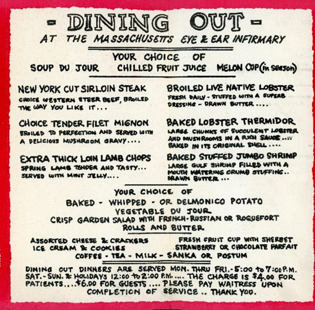 1960's Mass Eye and Ear "Dining Out" menu