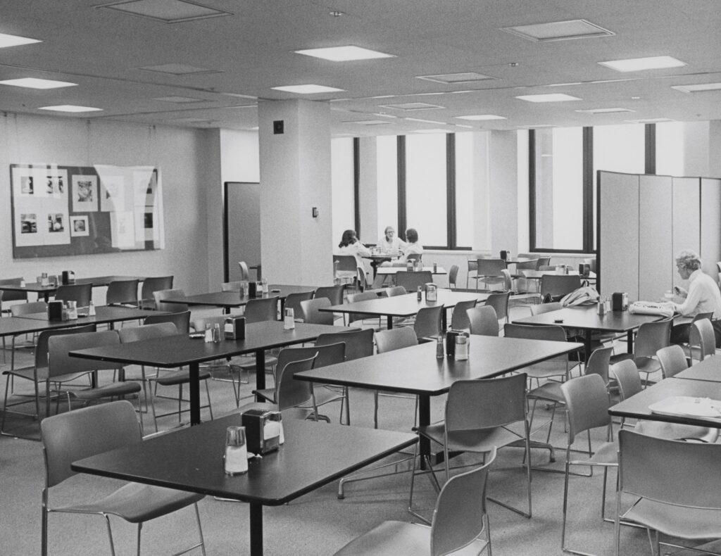 Black and white photo of empty cafeteria taken in the late 1970’s after renovation and relocation.