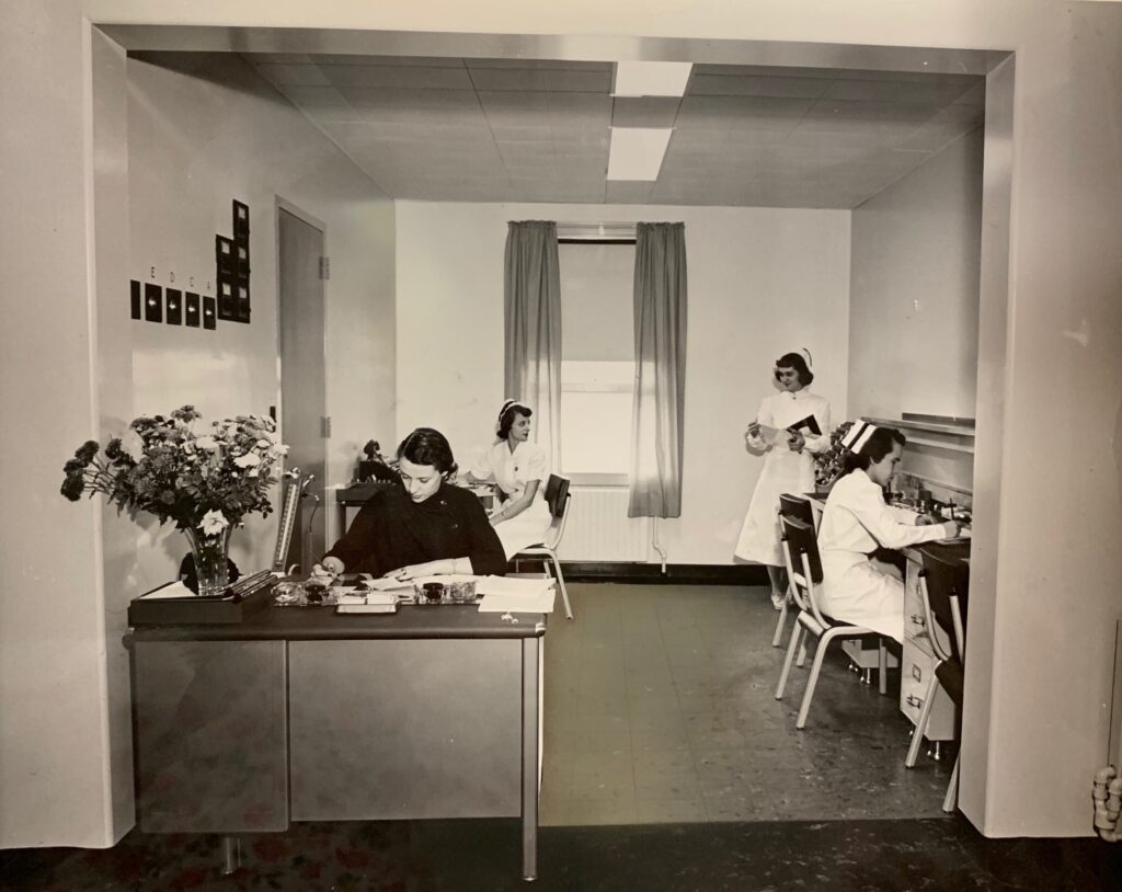 The nurses’ station at Mass Eye and Ear seen in this 1955 photo