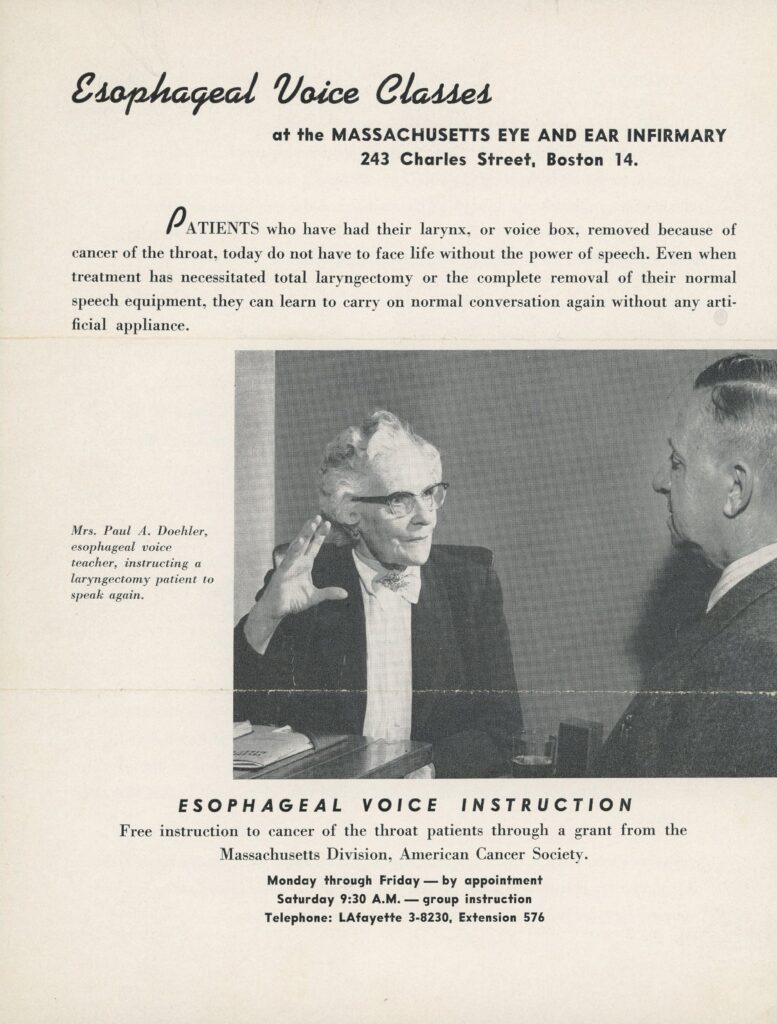 A flyer for Mary Doehler’s esophageal voice classes, circa 1950.